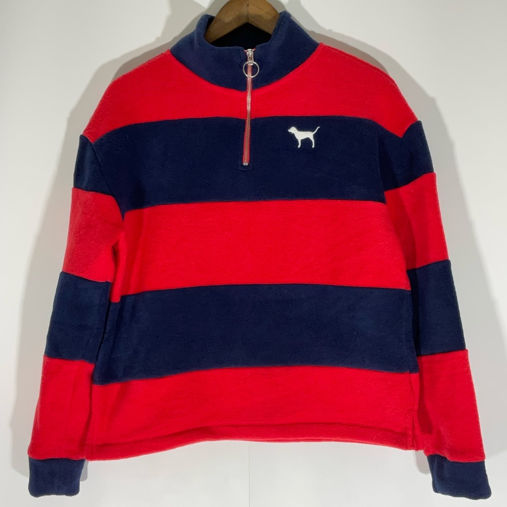 PINK Victoria’s Secret Pullover Quarter Zip Fleece Striped Navy Red Size Small